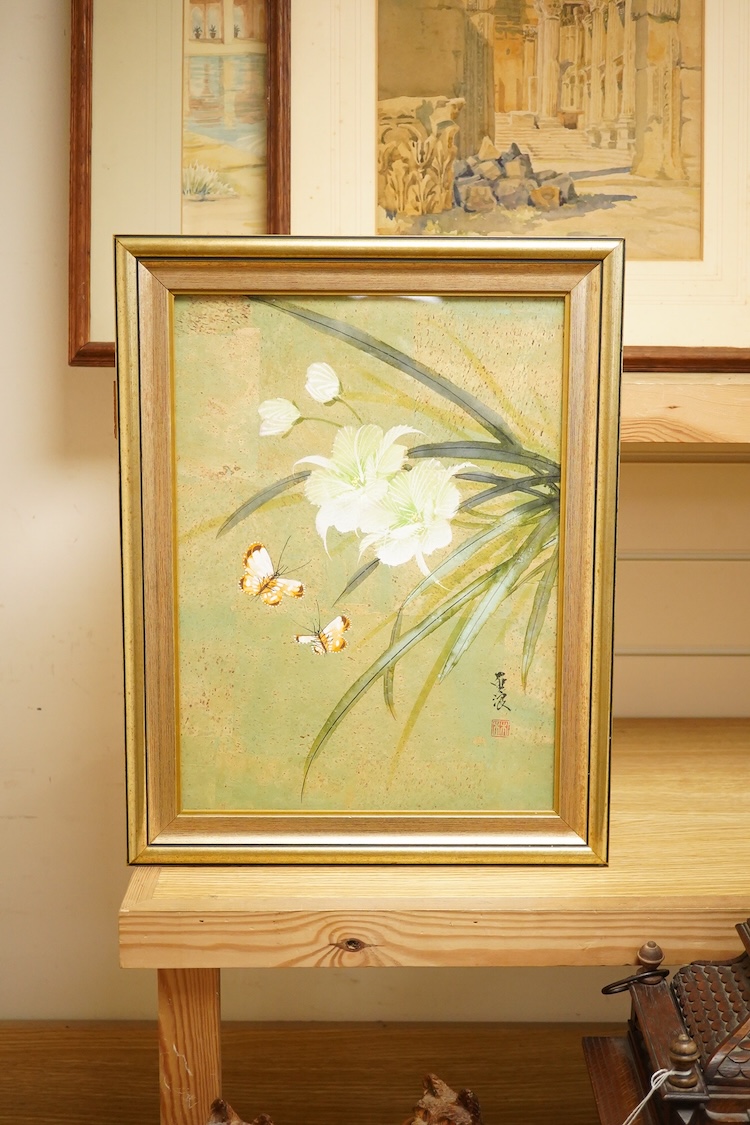 Chinese school, butterflies amongst flowers, mixed media on textured paper, signed with character marks and red seal mark, 38 x 28cm